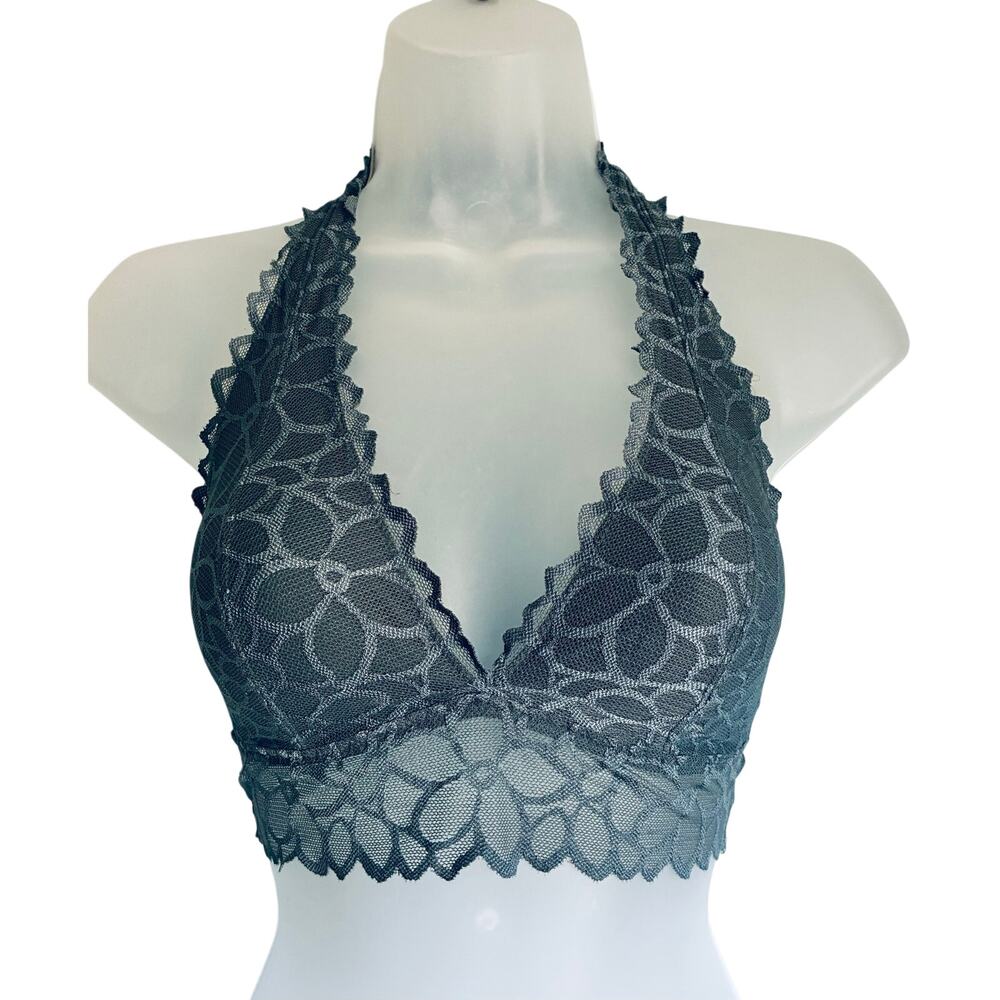 Victoria's Secret PINK Bralette Gray Lace Halter Floral Plunge Small